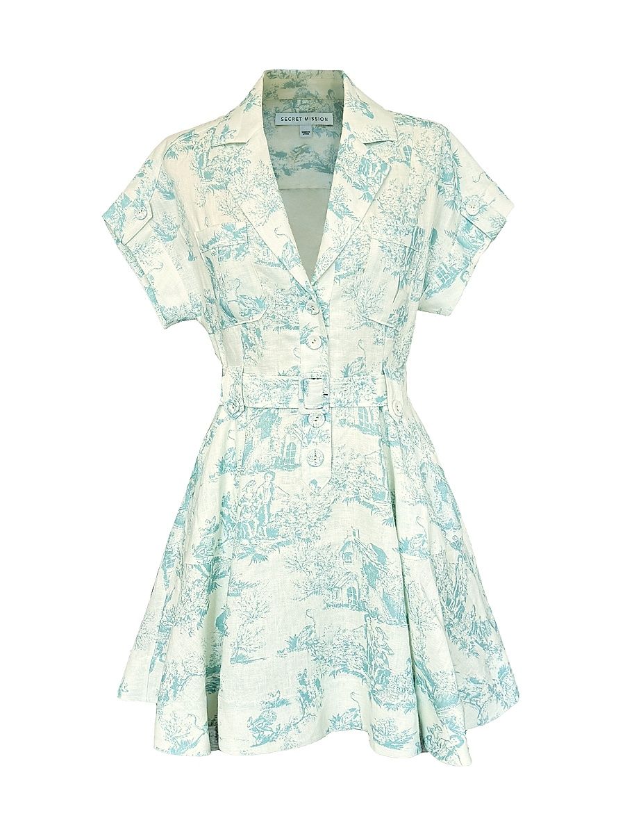 Women's Chelsea Malia Voile Linen Belted Mini-Shirtdress - Weathered Blue - Size Large