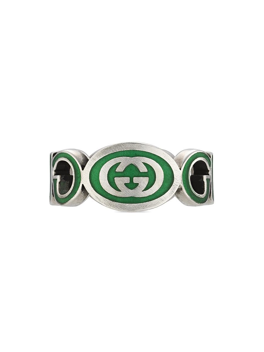 Women's Interlocking G Sterling Silver & Green Enamel Cut-Out Ring - Silver - Size 6.5