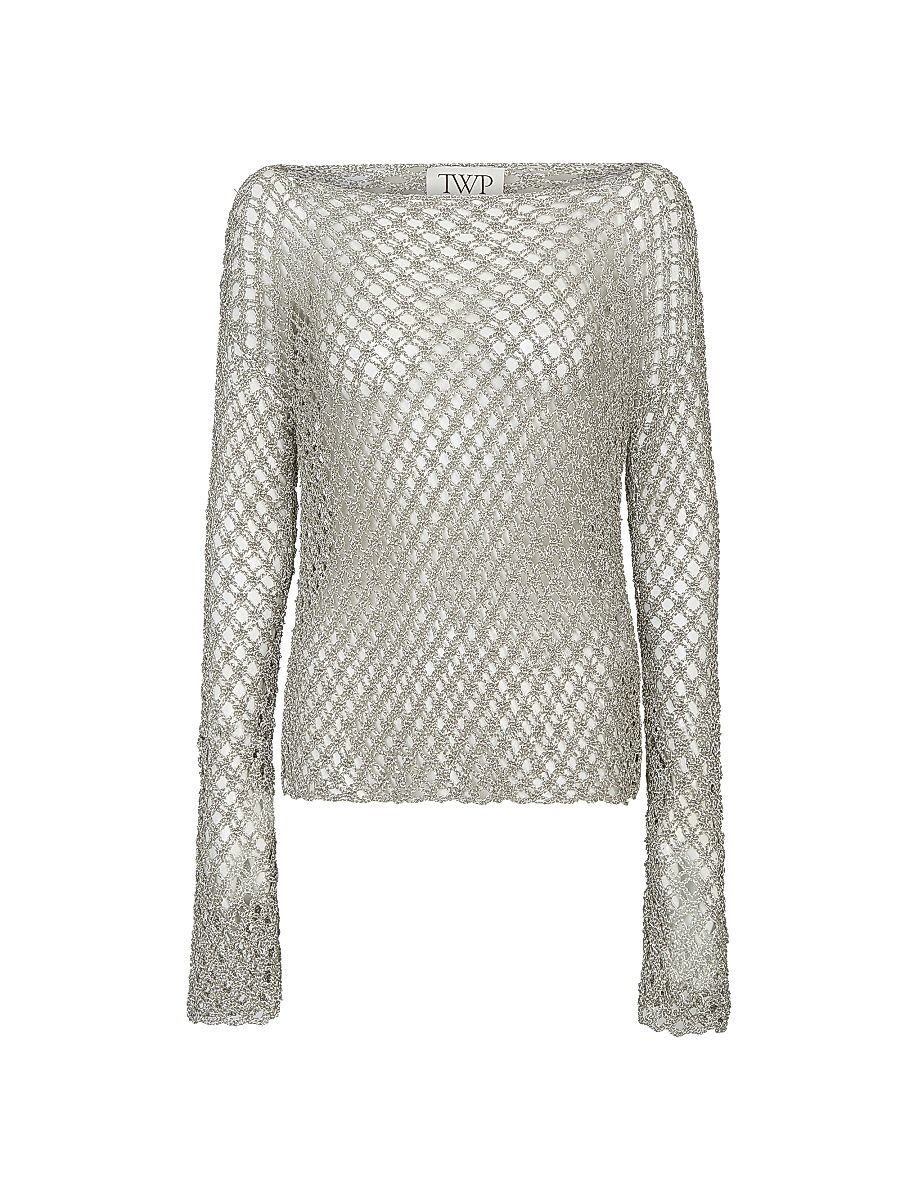 Women's Boatneck Crochet-Knit Top - Pale Champagne - Size Large