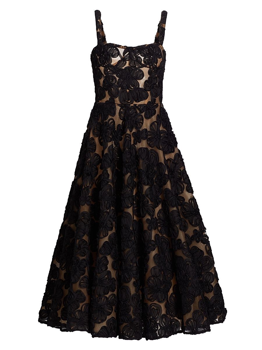 Women's Sabrina Floral-Appliquéd A-Line Midi-Dress - Black - Size Large
