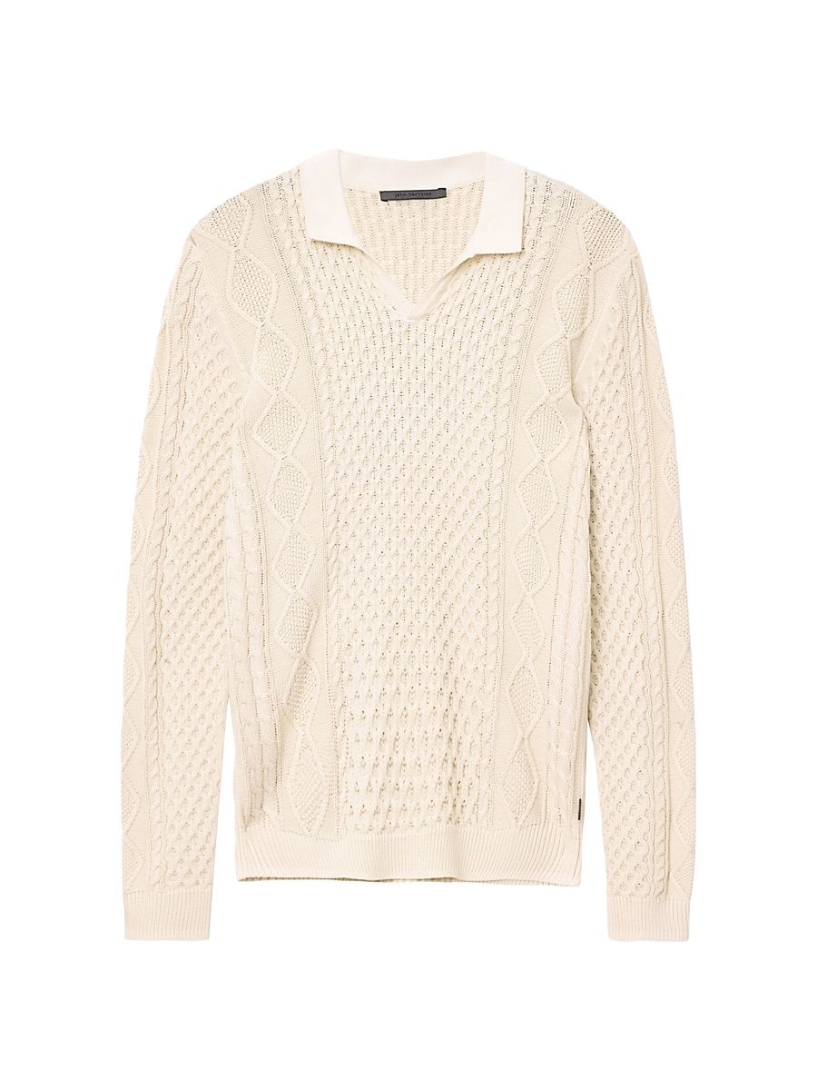 Men's Haynes Cable-Knit Cotton Polo Sweater - Ecru - Size Large
