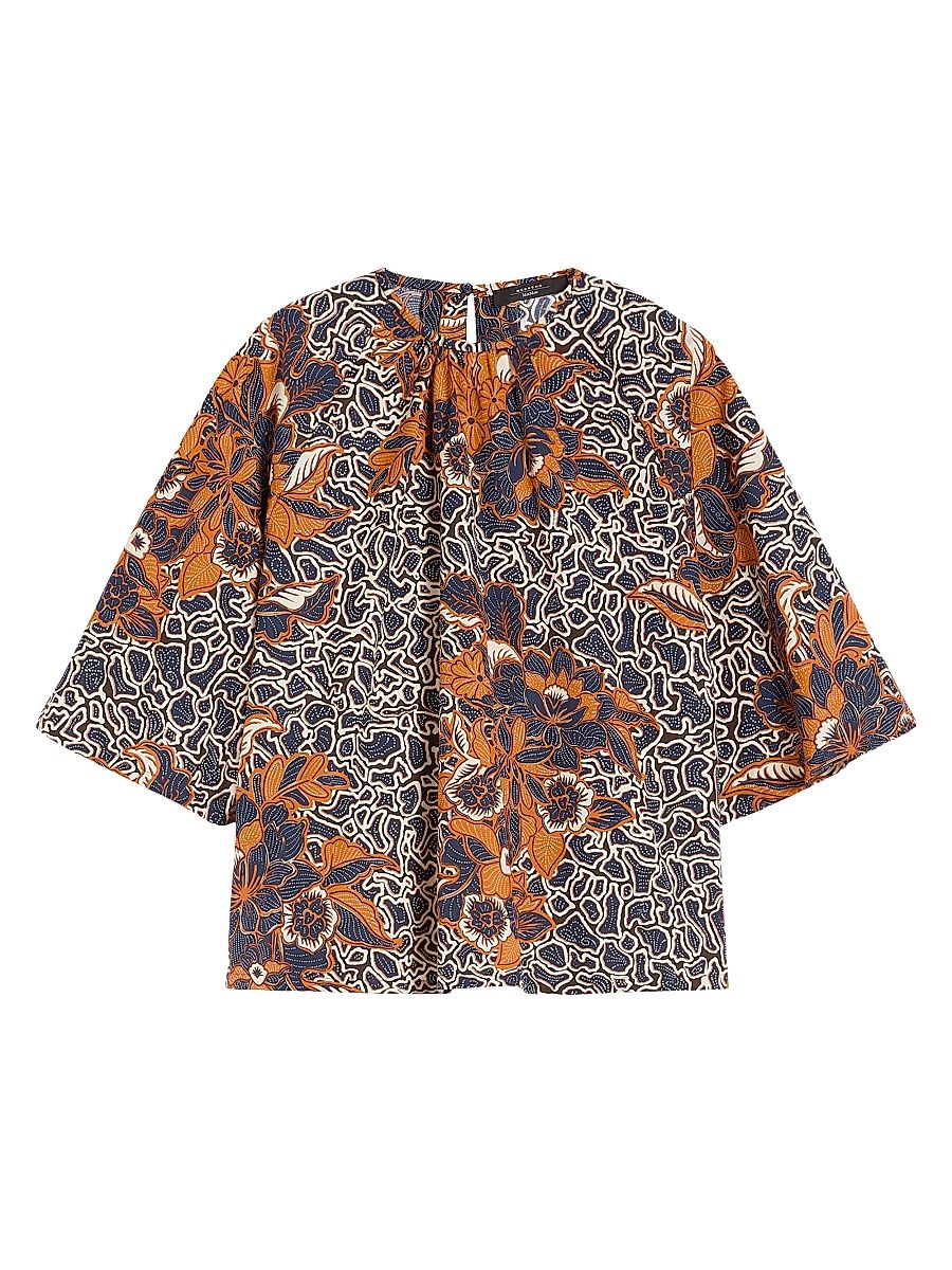 Women's Printed Cotton Poplin Blouse - Navy - Size 16