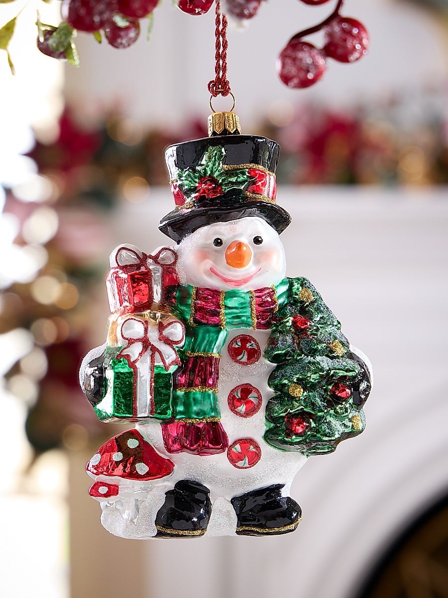 Snowman With Gifts & Christmas Tree Glass Ornament