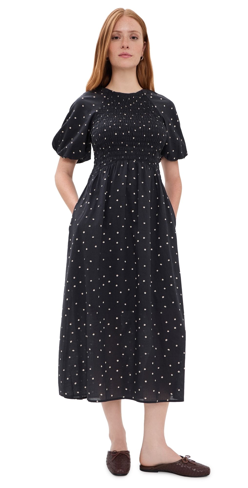 Marine Layer Gigi Smocked Dress Navy Polka Dot XL