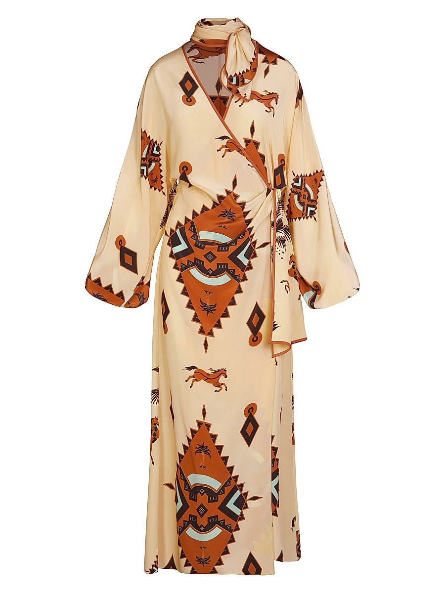 Women's Micaela Ollantay Geometric Silk Wrap Dress - Ecru Rust Green - Size 2