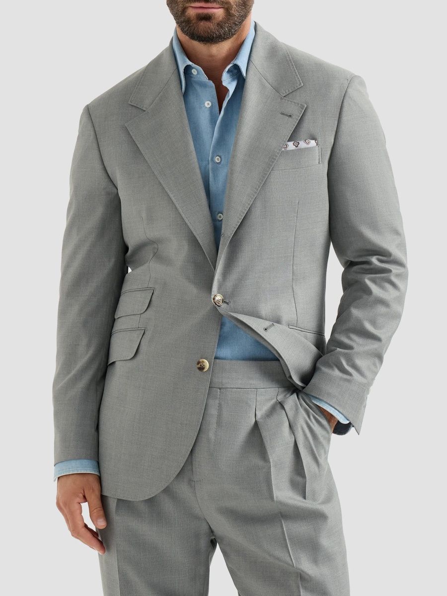 Brunello Cucinelli Men's Virgin Wool and Silk Lightweight Hopsack Cavallo Tailor Blazer - Grey - Size 46