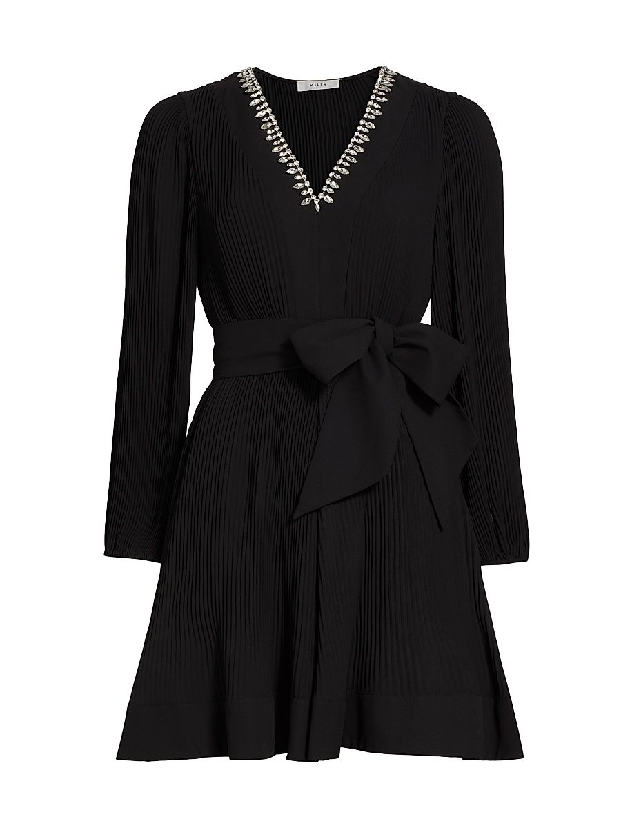 Women's Liv Embellished Pleated V-Neck Minidress - Black - Size 4