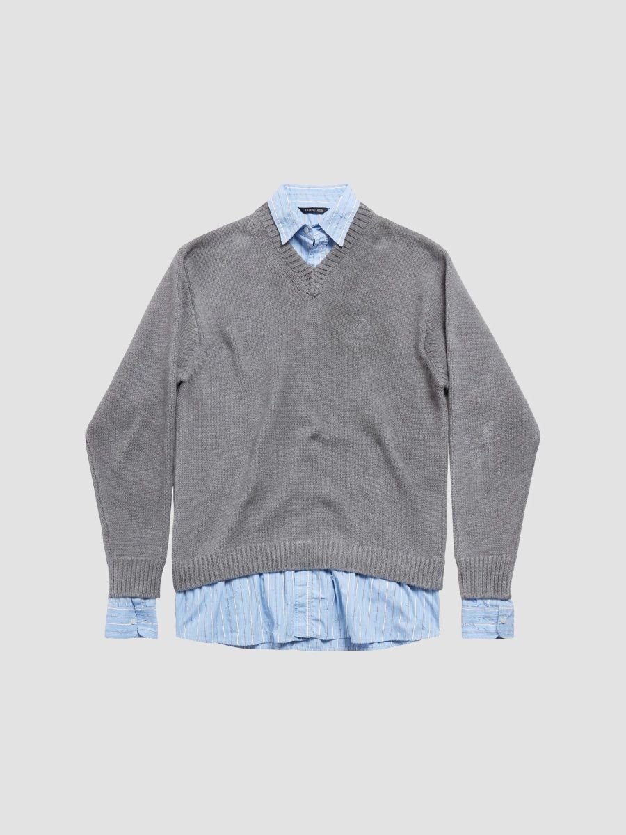 Balenciaga Women's Layered Shirt V-Neck Sweater - Grey - Size Small