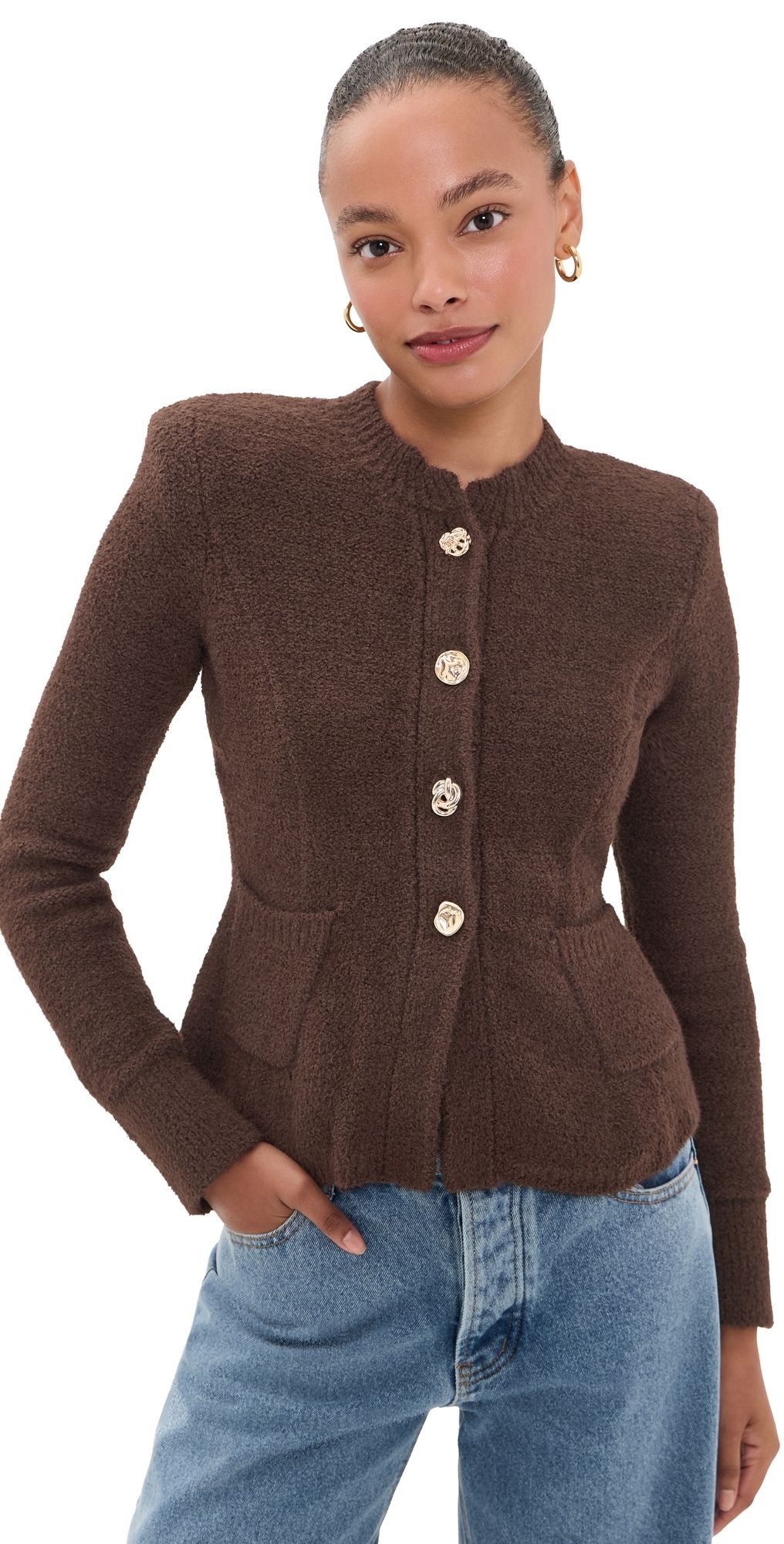 L'AGENCE Melissa Knit Flare Cardigan Dark Brown/Gold S