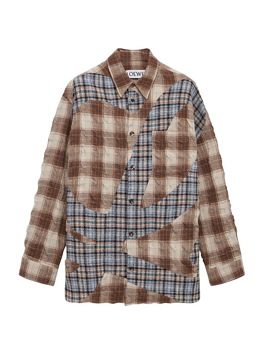 Men's Patchwork Wool-Cotton Plaid Shirt - Brown Grey - Size 34