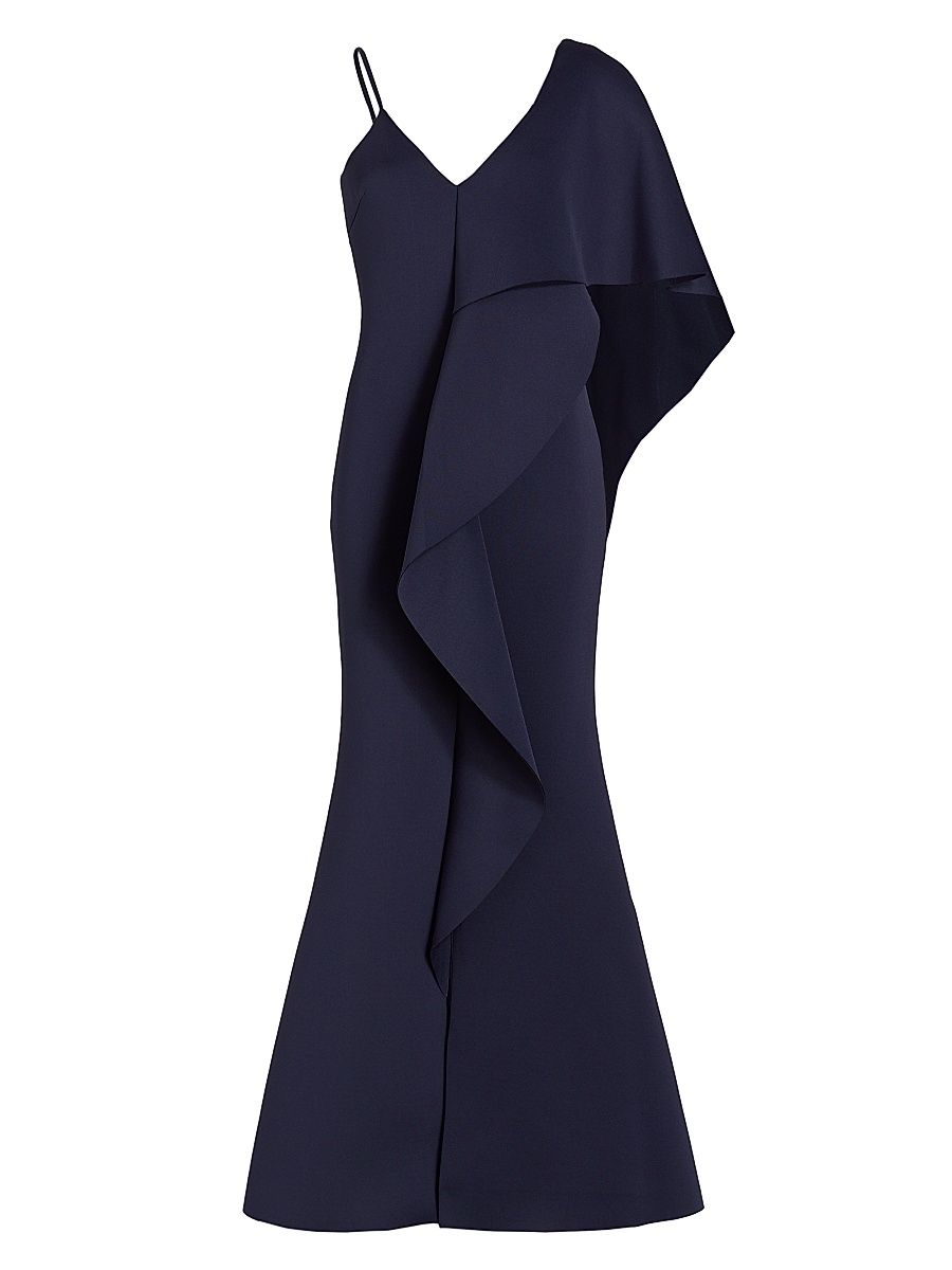 Women's Asymmetrical Neoprene Ruffle Gown - Navy - Size 10