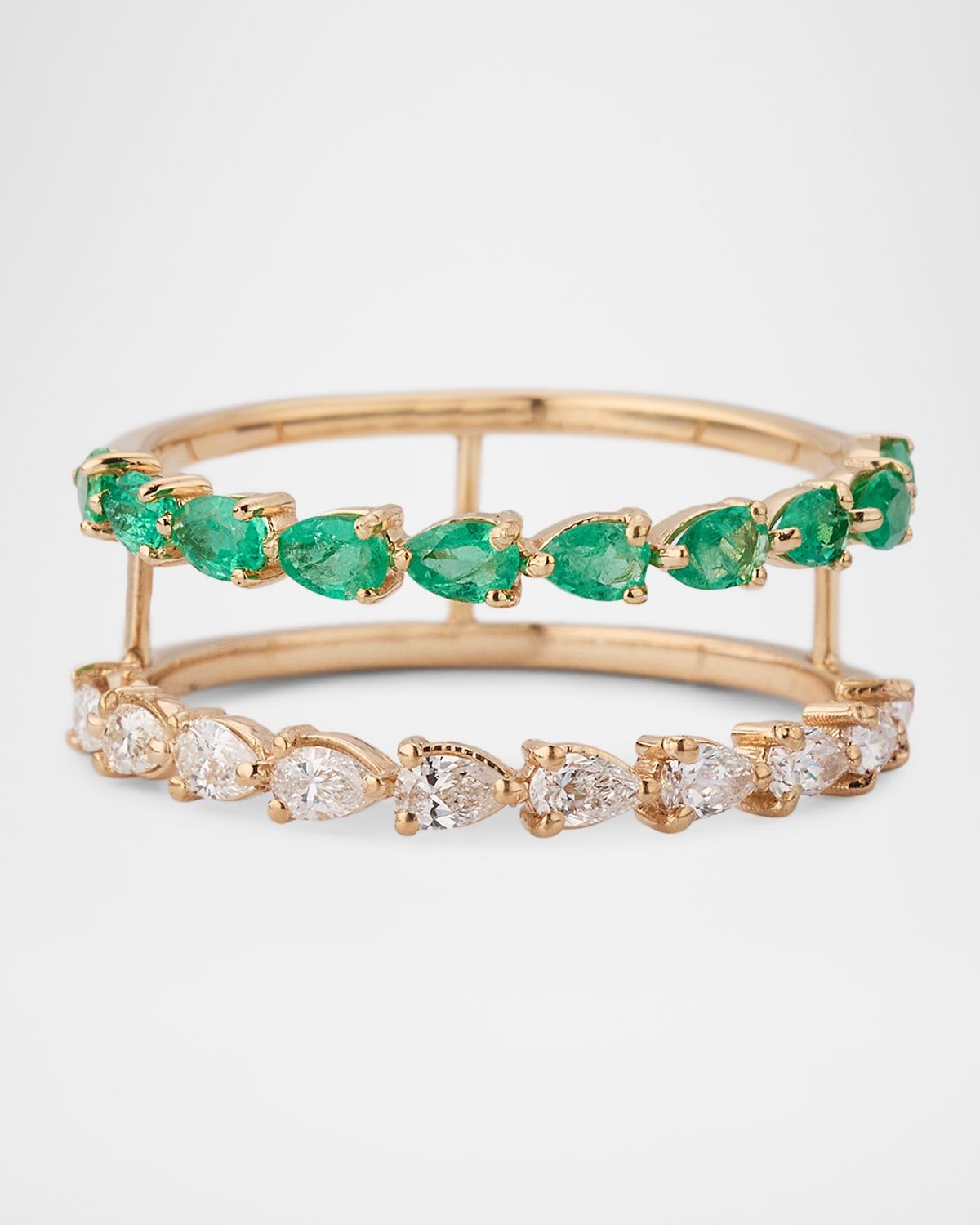 Green Emerald and Pear Diamond Double Band Ring