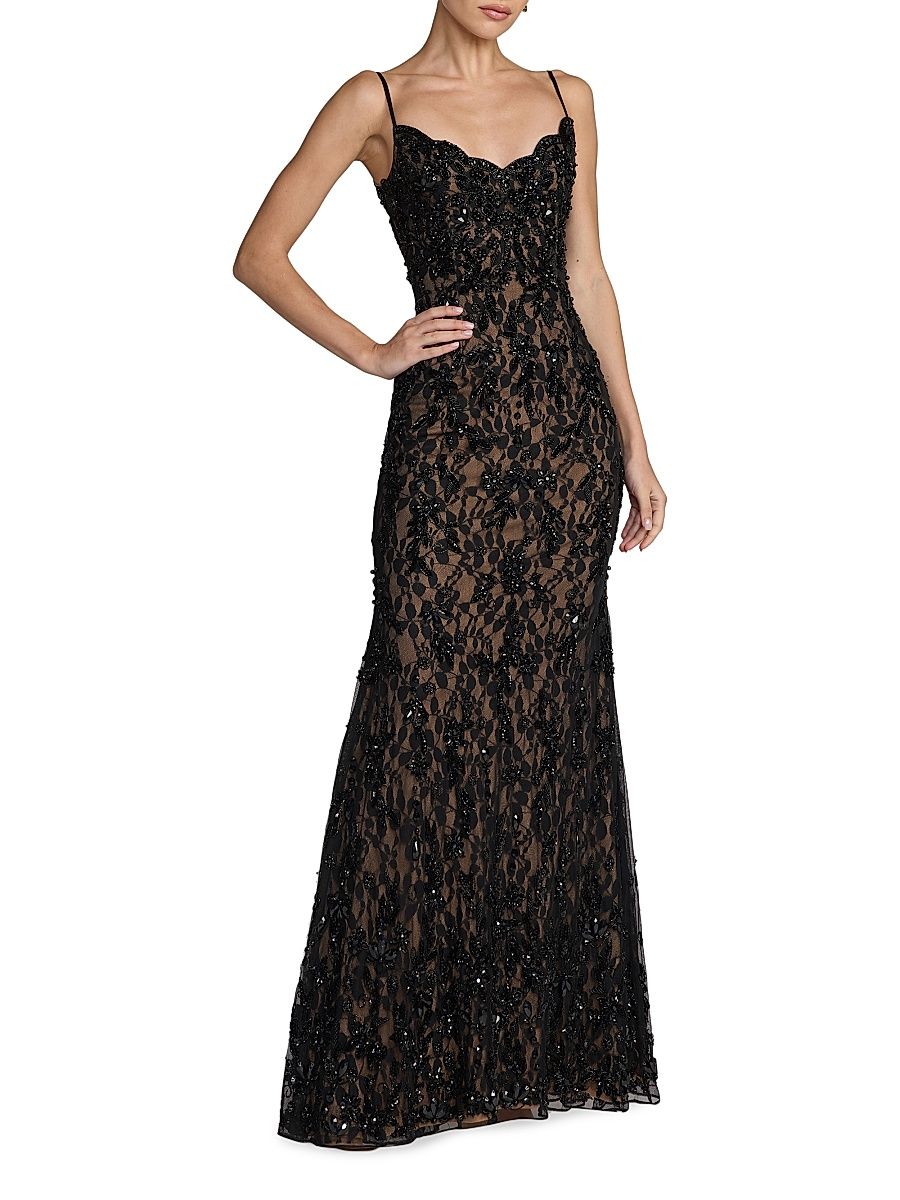 Women's Beaded Lace Trumpet Gown - Black Beige - Size 14