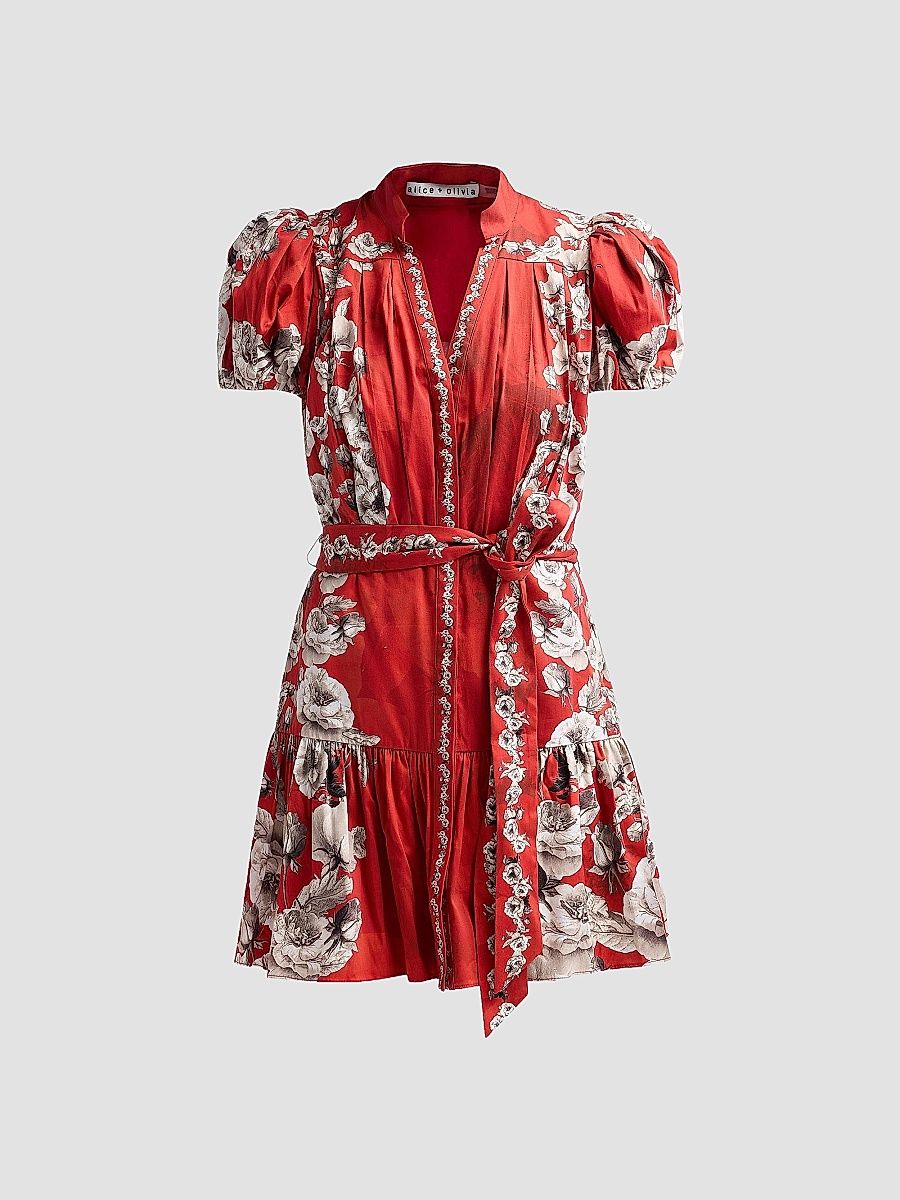 Women's Cora Floral Tiered Mini Shirtdress - Rose Garden Hibiscus - Size XL