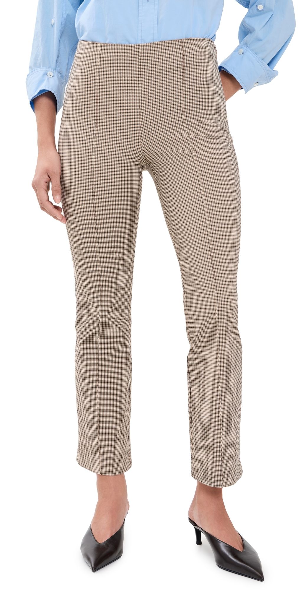 Vince Niki Mid Rise Plaid Crop Flare Trousers Oak Buff Check S