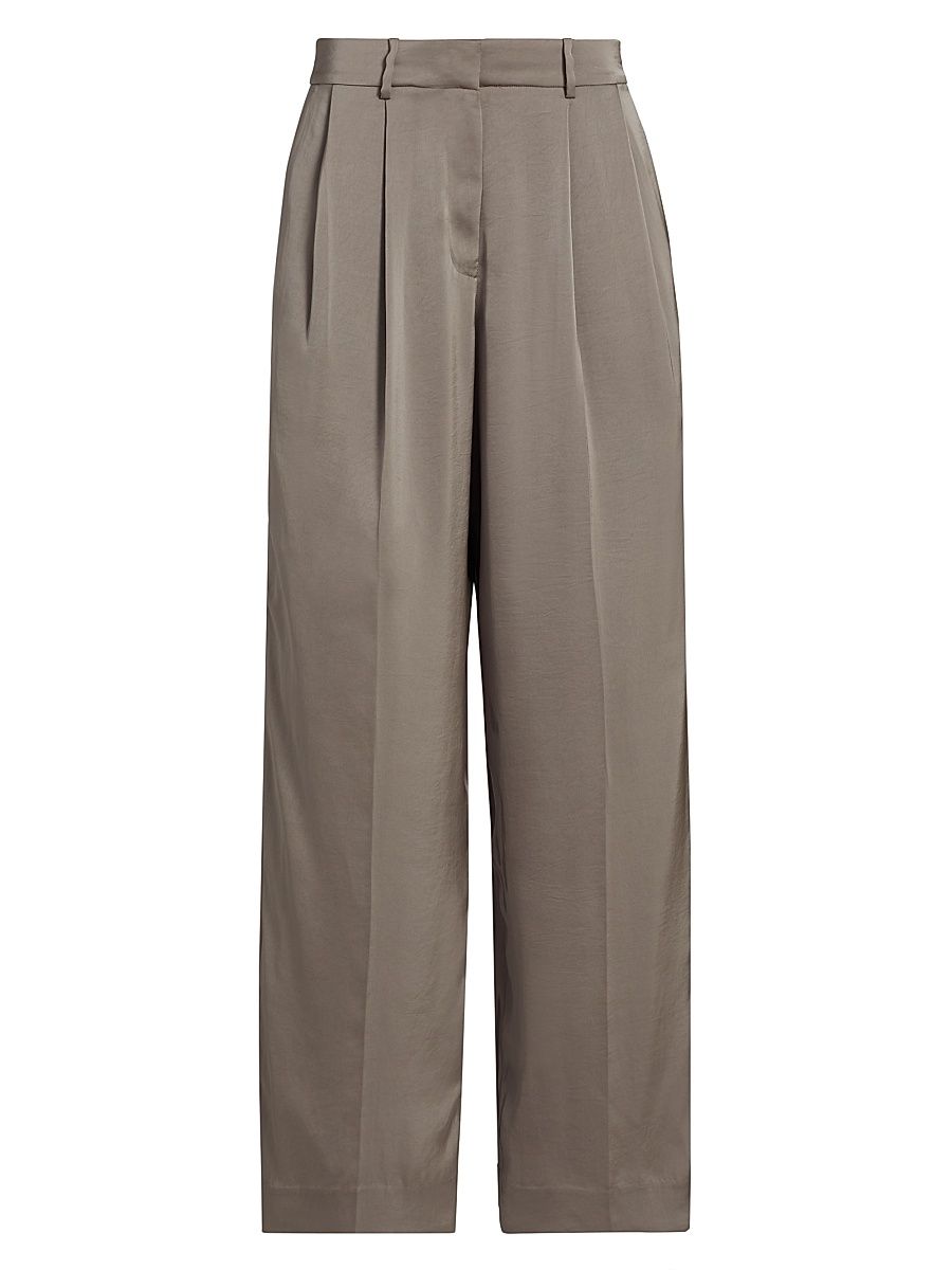 Women's Satin Pleated Wide-Leg Pants - Chestnut - Size 8