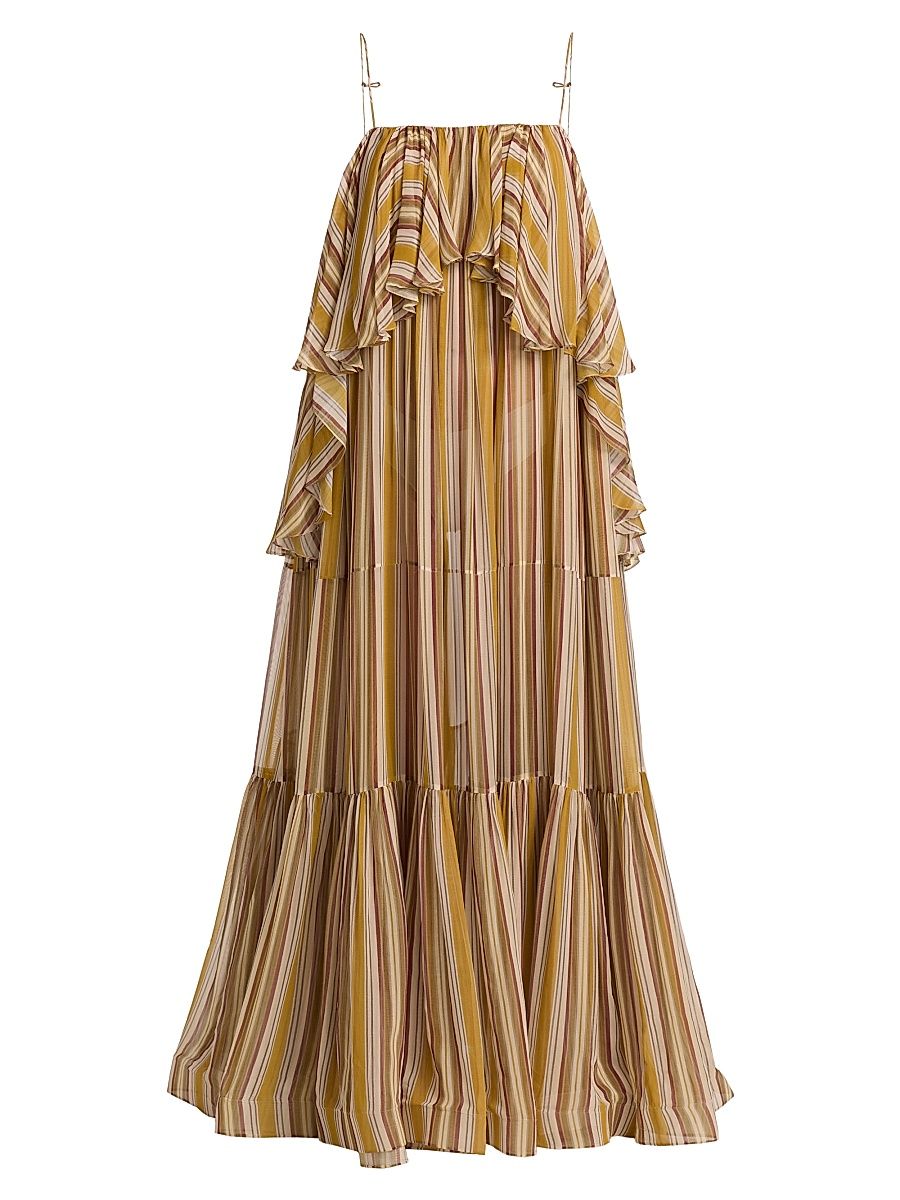 Women's Bohemian Striped Tiered Maxi Dress - Mustard Stripe - Size 10