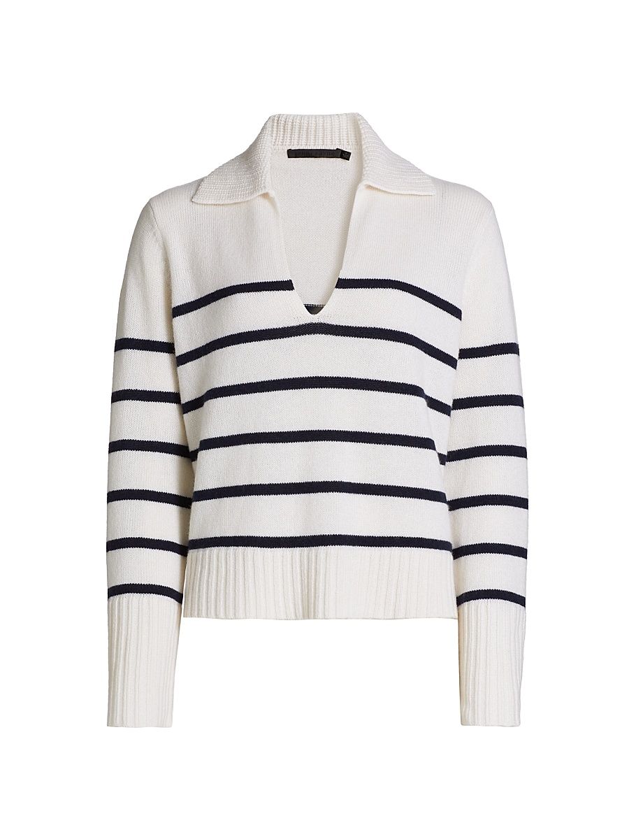 Women's Frances Striped Cashmere Polo Sweater - Ivory Navy - Size XL