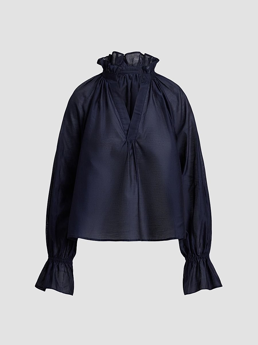 Women's Cotton-Silk Organdy Ruffle Blouse - Hunter Navy - Size XL