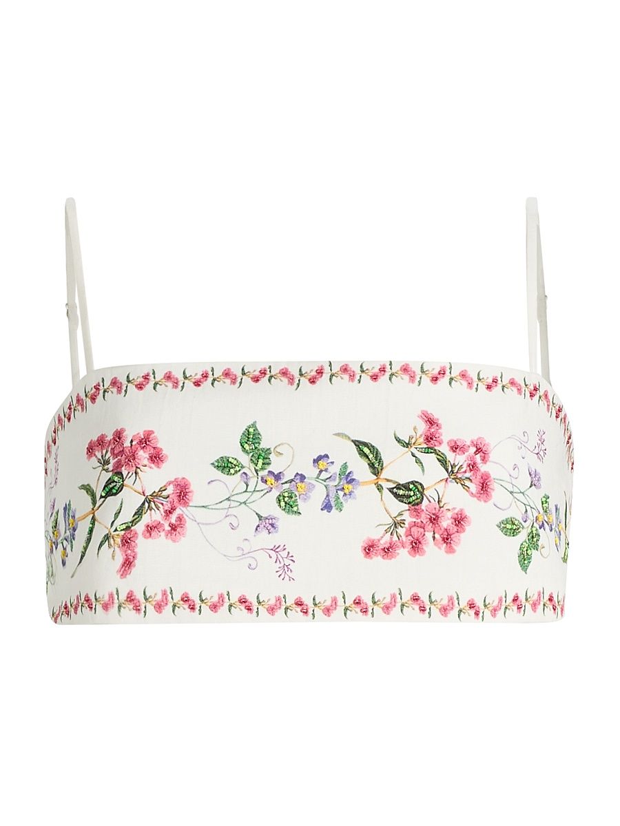 Women's Floral Embellished Linen-Cotton Bustier Top - Ivory - Size Medium