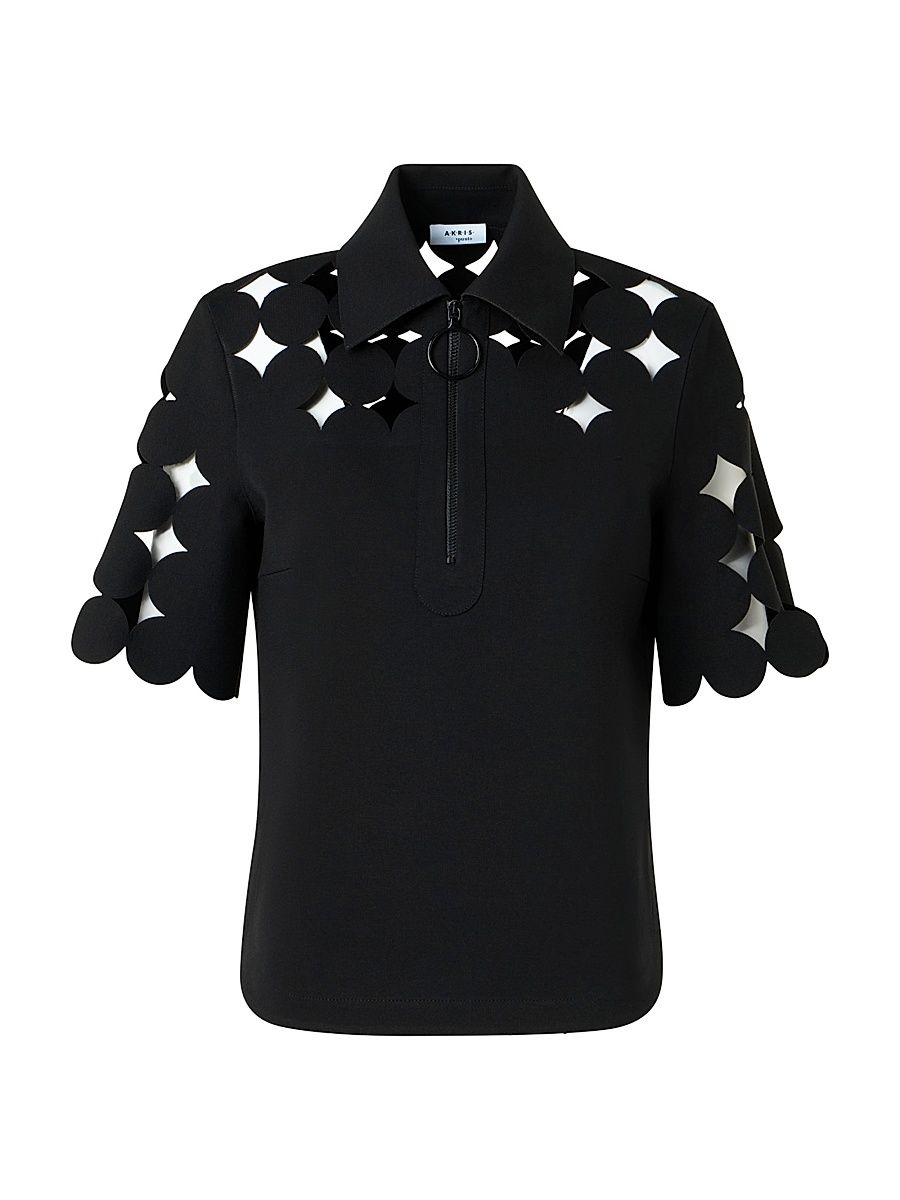 Women's Dropping Dot Cut Out Half-Zip Polo Shirt - Black - Size 14