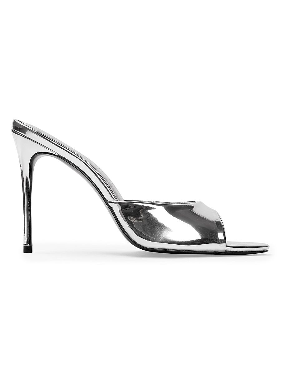 Women's Jazz 100MM Metallic Patent Leather Mule Heels - Silver Mirror Metallic Leather - Size 11