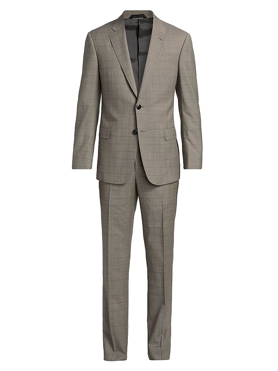 Men's Windowpane Plaid Wool Suit - Tan - Size 48