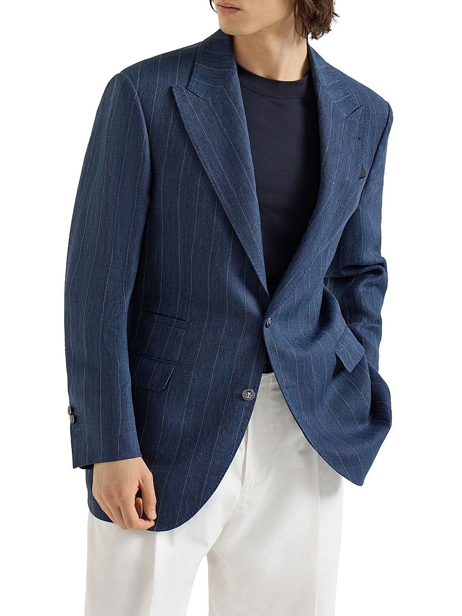 Men's Hemp and Silk Chalk Stripe Chevron Tailor Blazer with Peak Lapels - Blue - Size 38