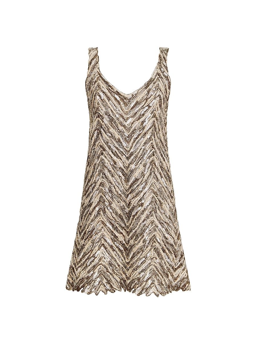 Women's Dazzling Chevron Embroidery Mini Dress in Paper Yarn, Linen and Silk - Brown - Size XXS