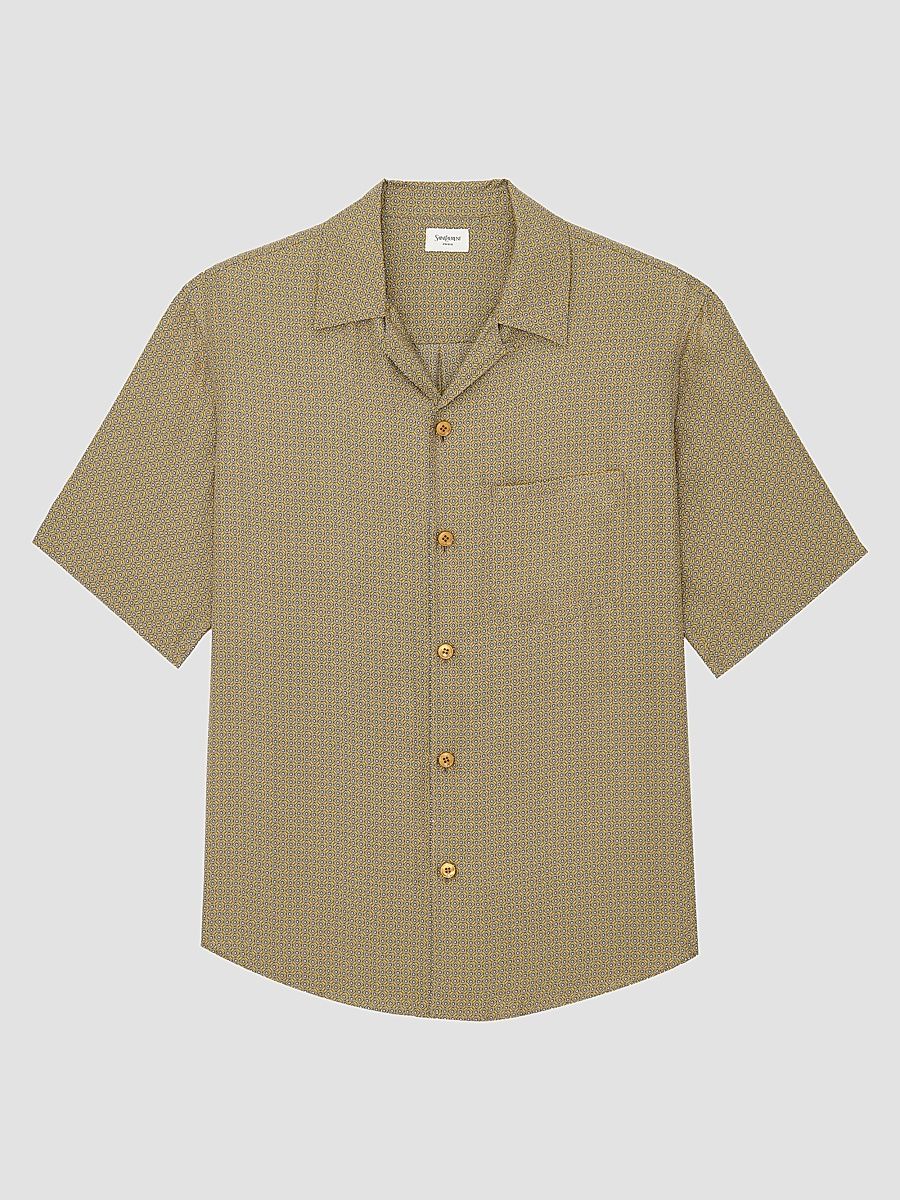 Saint Laurent Men's Shirt in Geometric Silk - Jaune Gris - Size 15