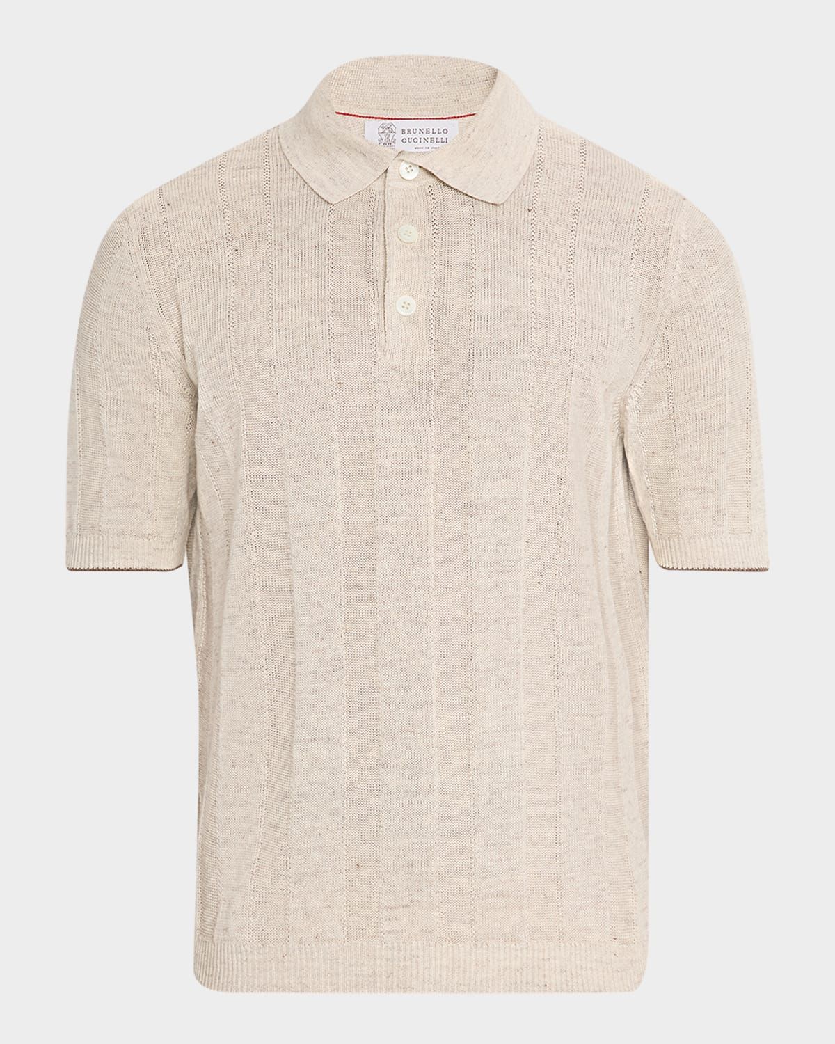Men & apos;s Linen and Cotton Ribbed Short-Sleeve Polo Sweater