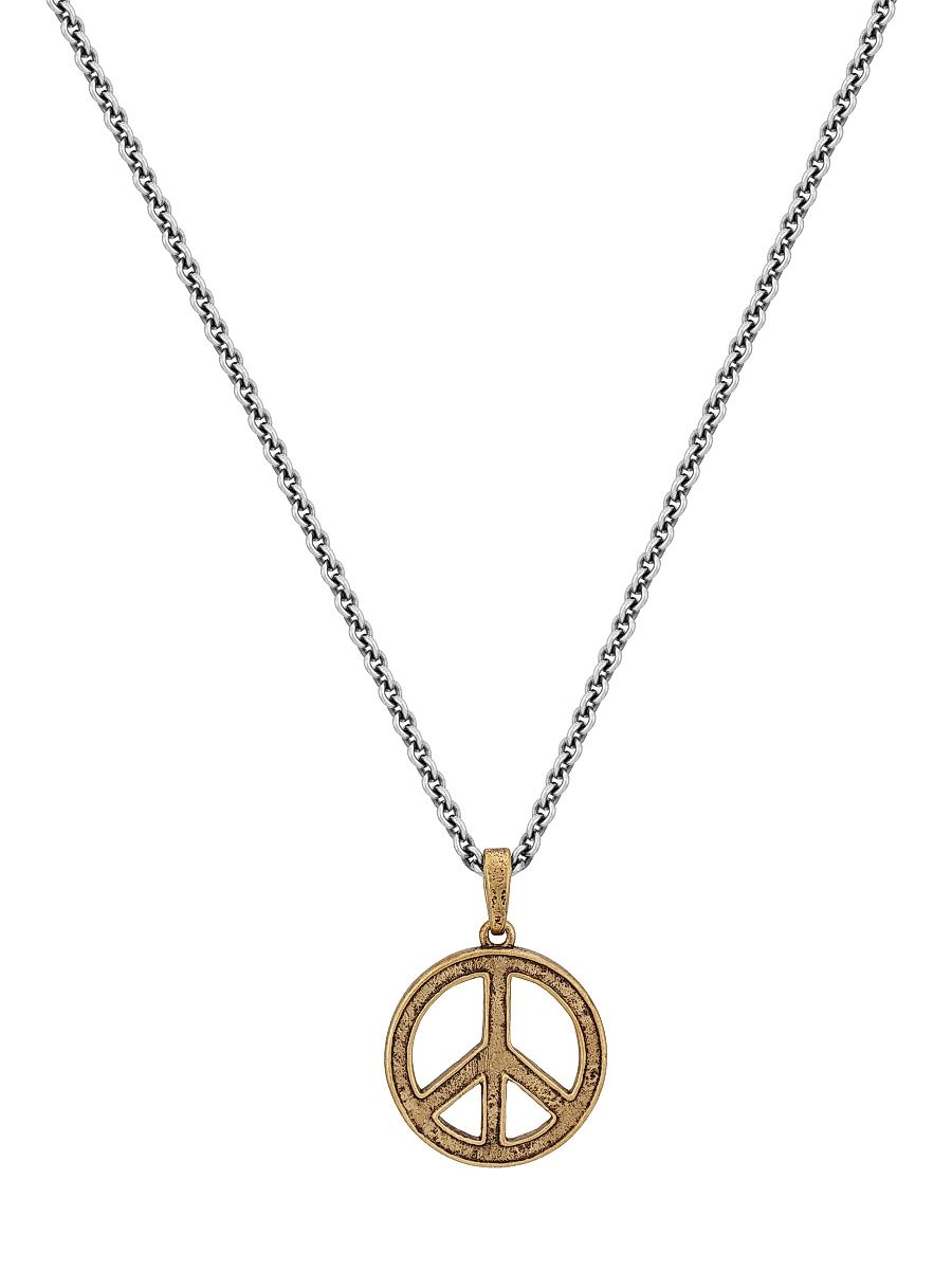Men's Distressed Sterling Silver & Brass Peace Sign Pendant Necklace - Silver