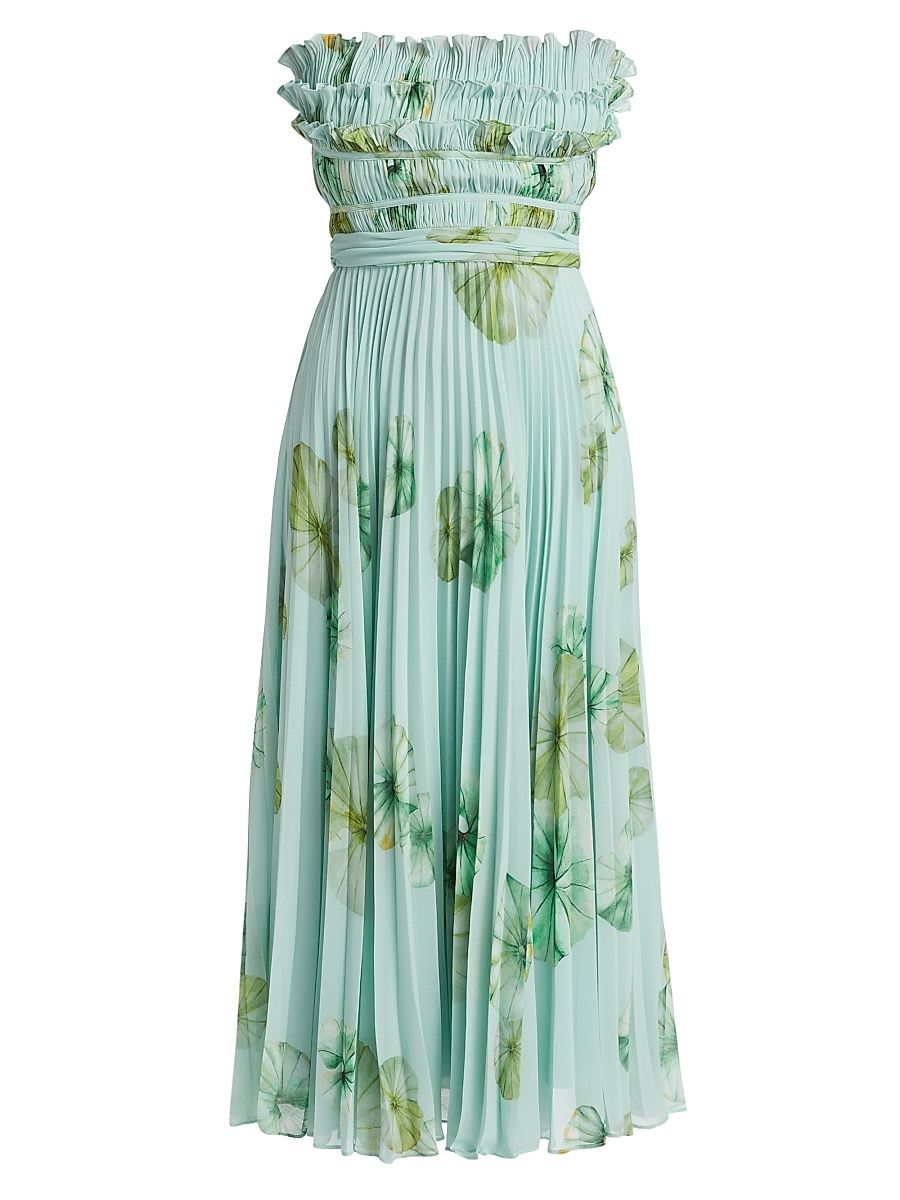 Women's Cathy Floral Plissé Strapless Midi-Dress - Lilypad Pond - Size 8