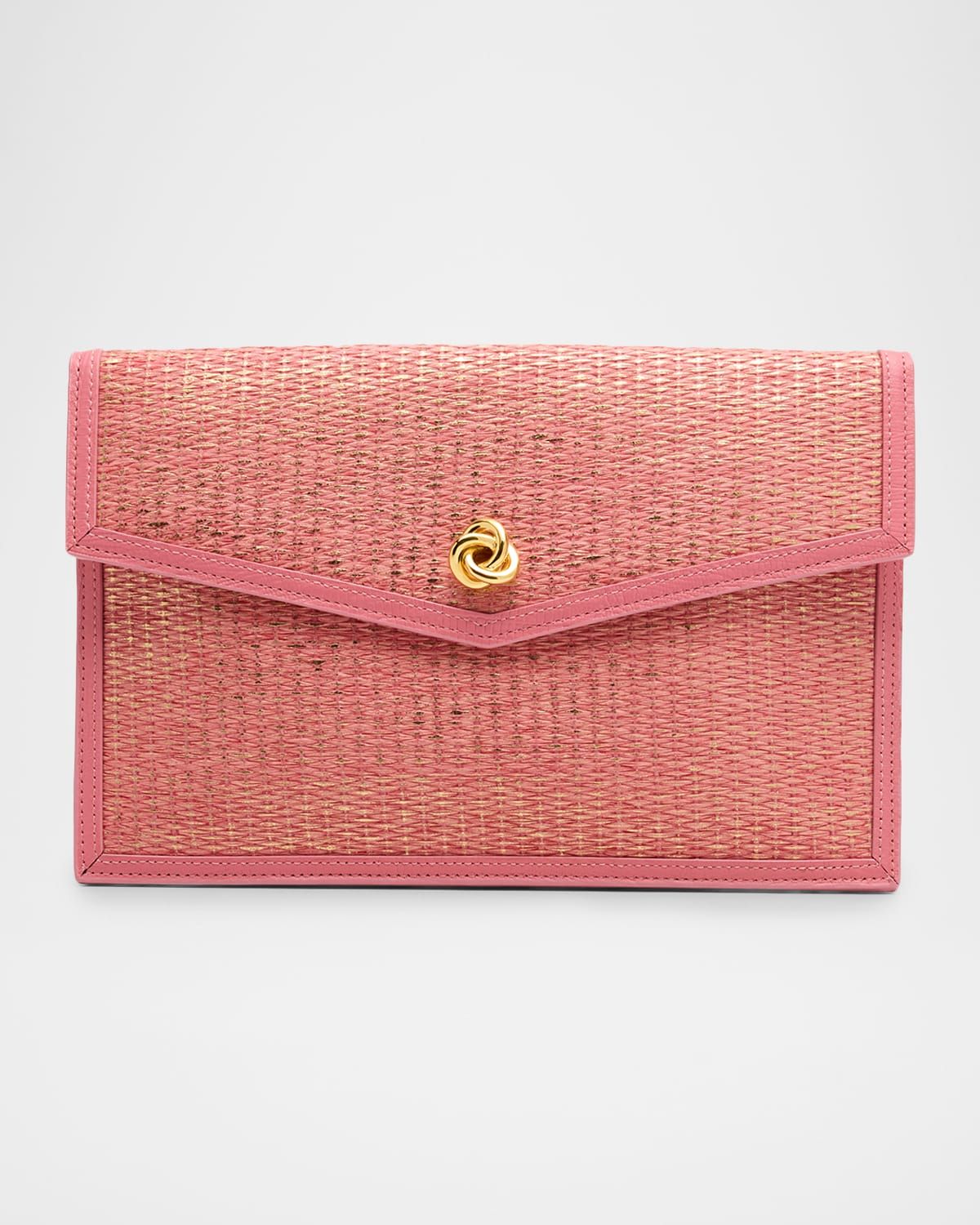 Brick Knot-Embellished Wicker Clutch Bag
