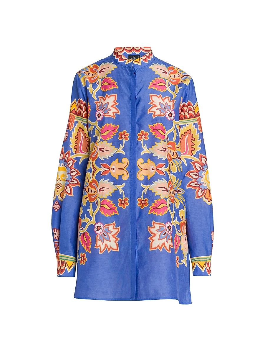 Women's Bouquet Printed Cotton-Silk Tunic Shirt - Printed Azure Base - Size 8