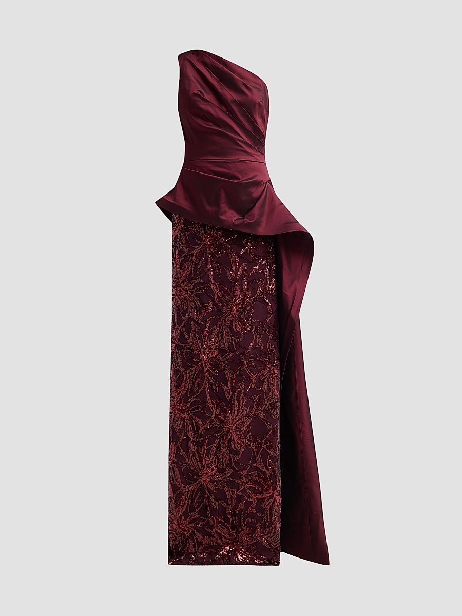 Women's Taffeta Sequined Sculpted Gown - Merlot - Size 0