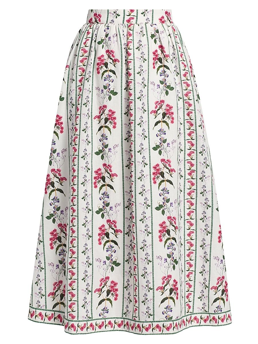 Women's Floral Linen-Cotton Midi-Skirt - Ivory - Size Small