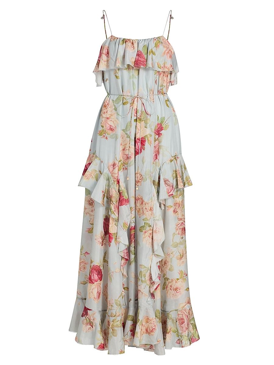 Women's Roselight Silk Frill Maxi Dress - Blue Rose Floral - Size 6