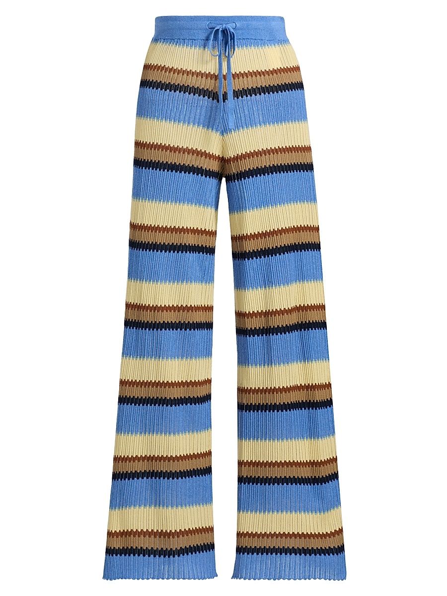 Women's Striped Silk-Linen Palazzo Pants - Delft Blue Combo - Size XL