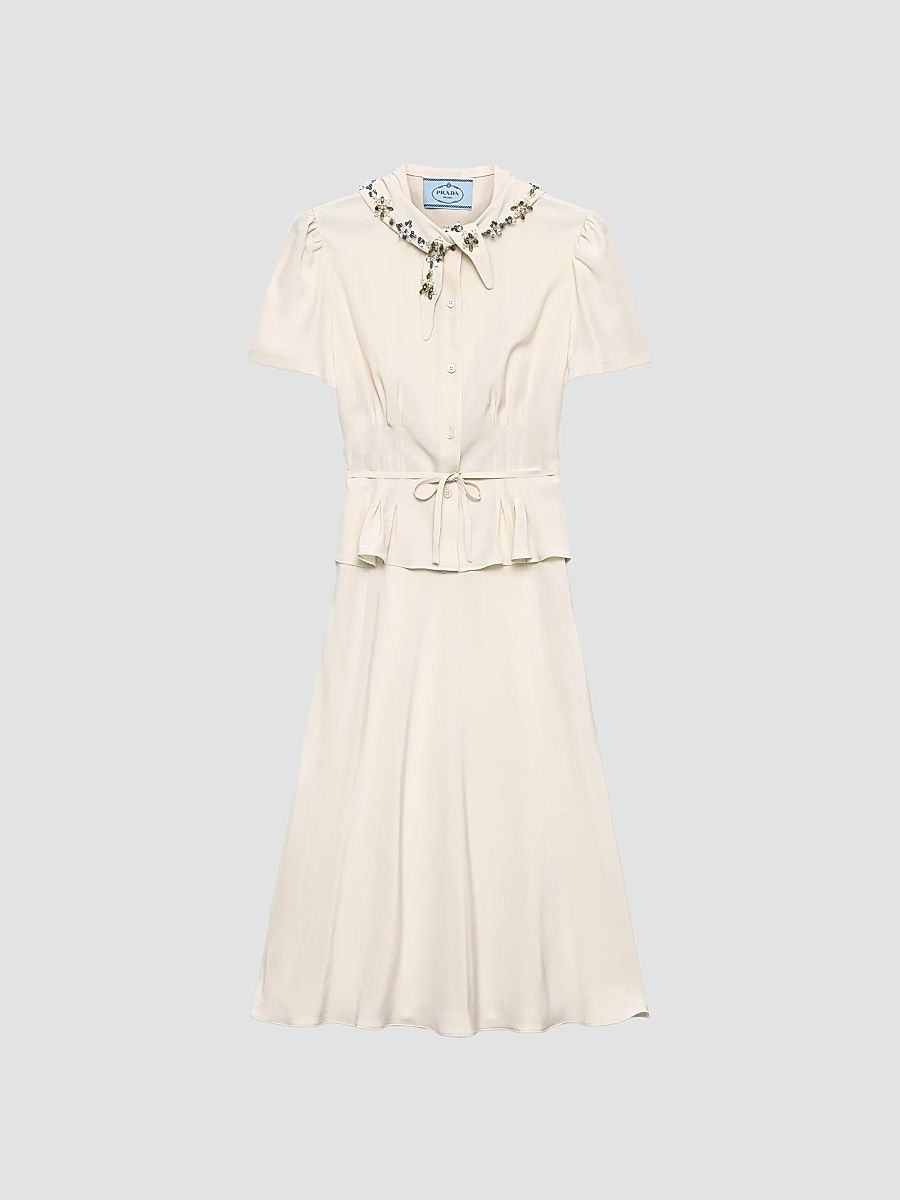 Women's Embroidered Marocain Dress - Beige Khaki - Size 10