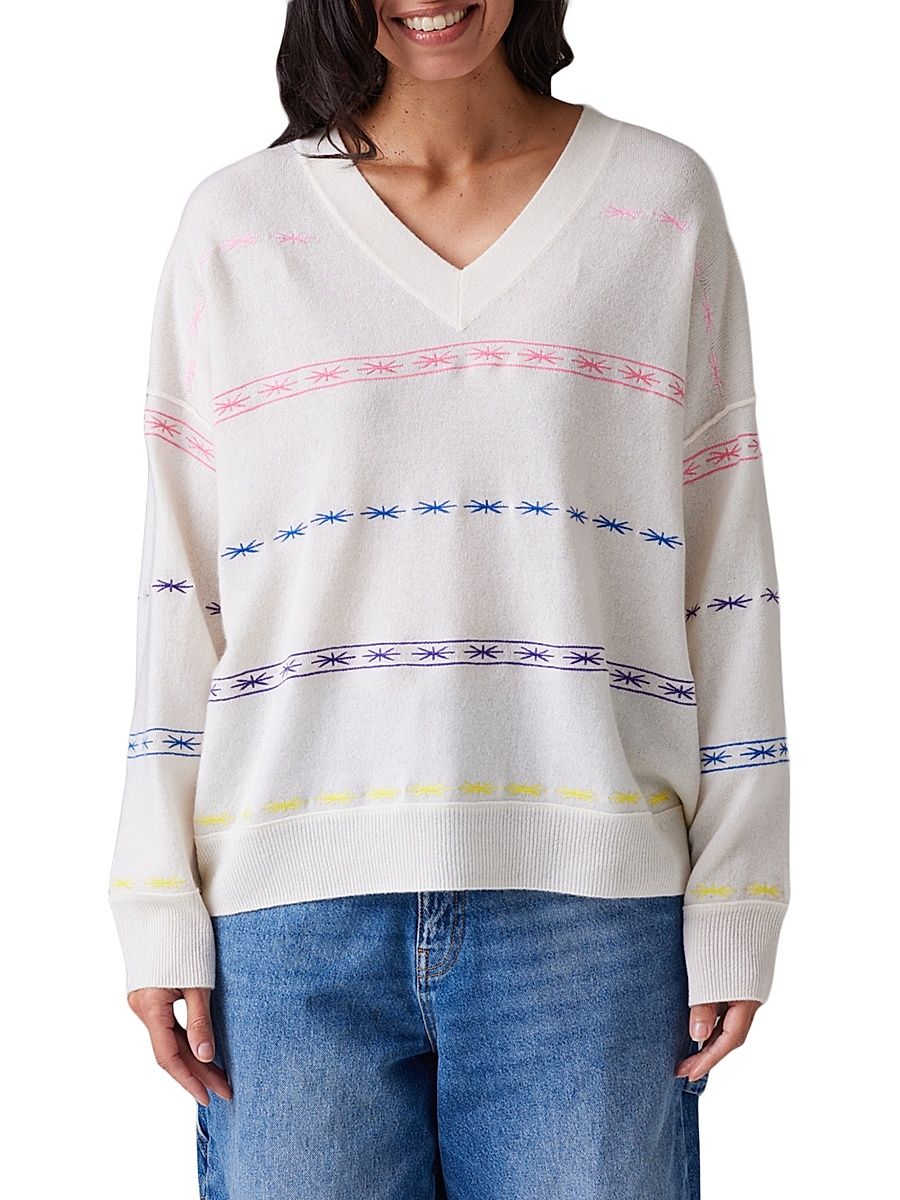 Women's Embroidered Cashmere V-Neck Sweater - White Rainbow - Size XL