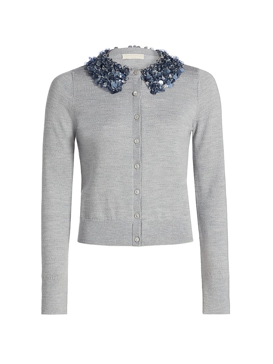 Women's Anna Embellished-Collar Merino Wool Cardigan - Ash - Size XL