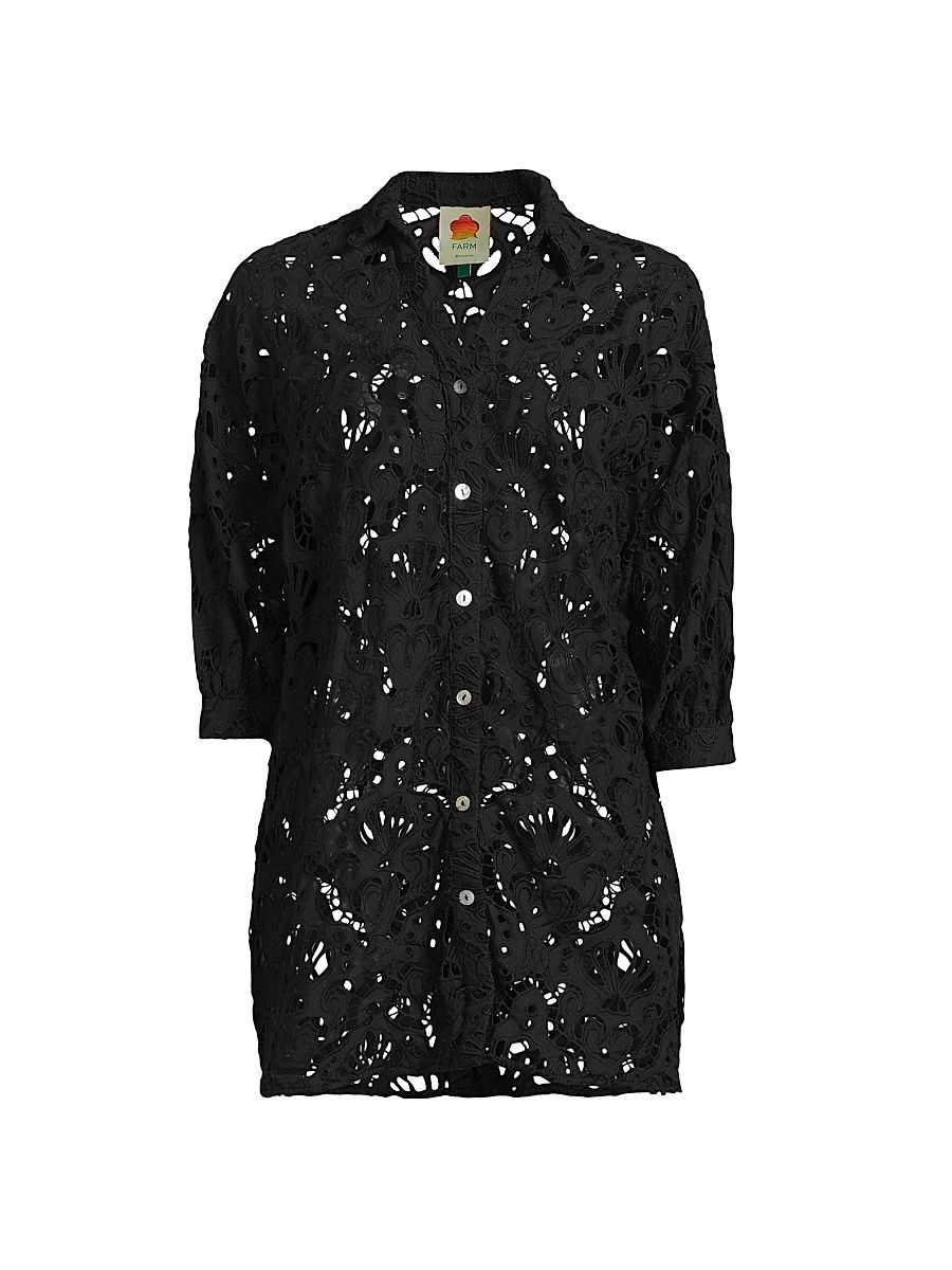 Women's Seashell Guipure Cover-Up Longline Shirt - Black - Size Large