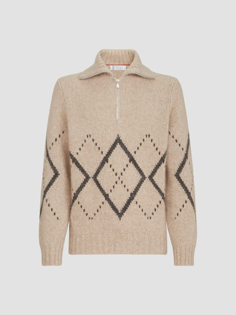 Brunello Cucinelli Men's Cashmere Sweater with Argyle Intarsia and Half Zip - Light Brown - Size 50