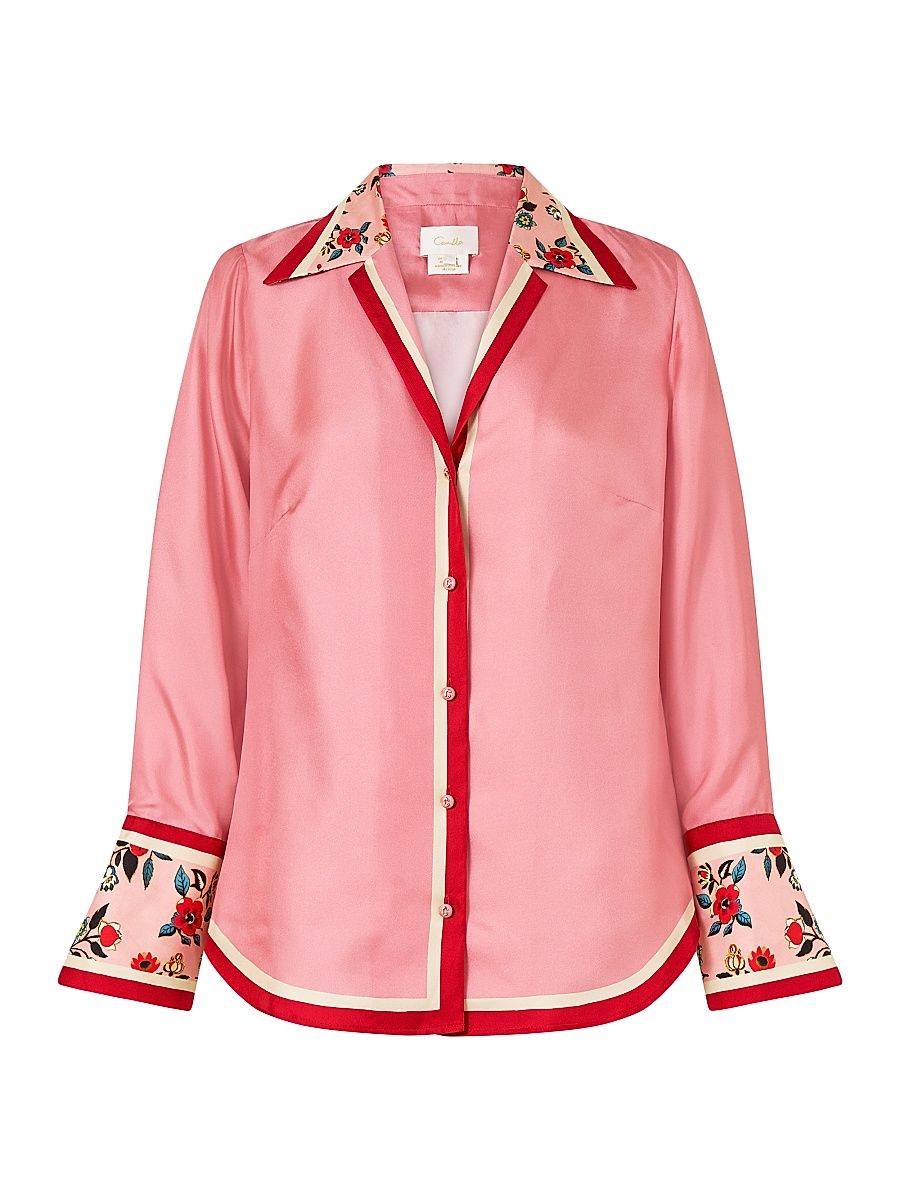 Women's Pink Porto Floral Silk Pajama Shirt - Pink Porto - Size Large