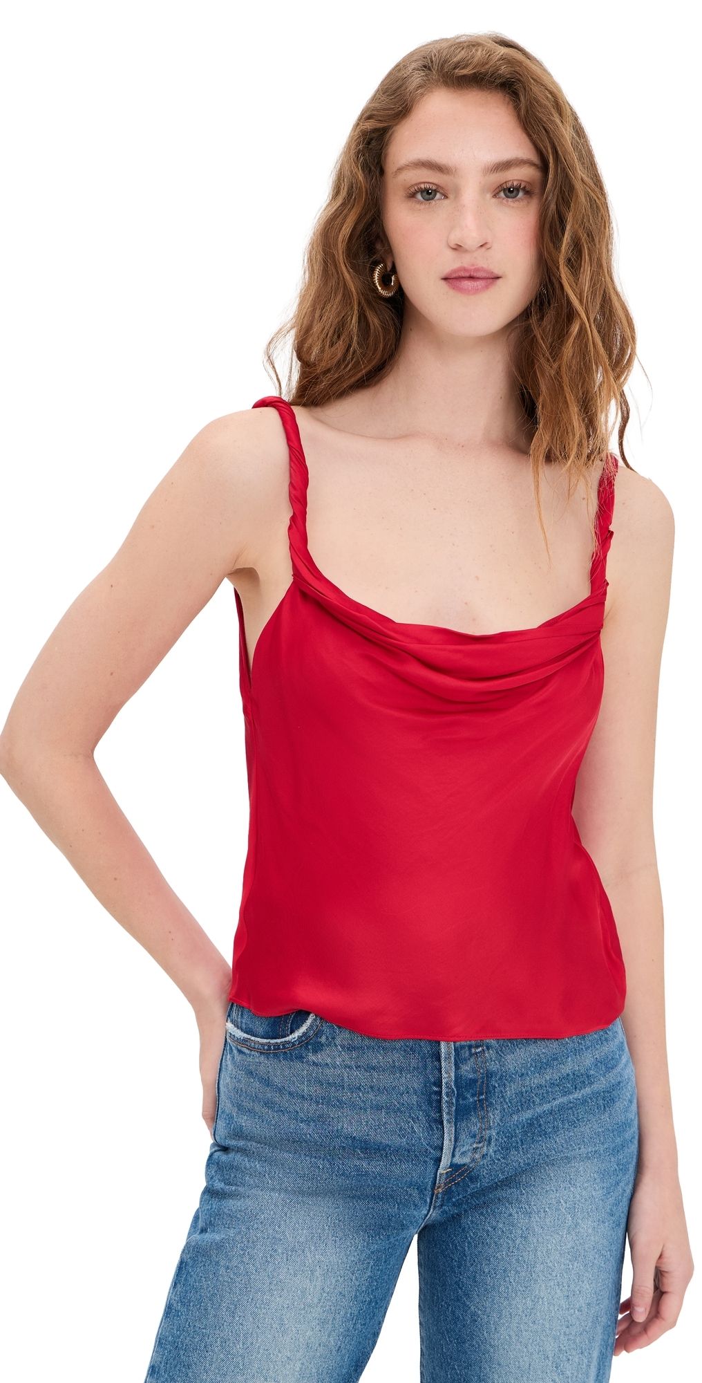 ALICE + OLIVIA Monique Twist Strap Cowl Neck Tank Chili Pepper XS