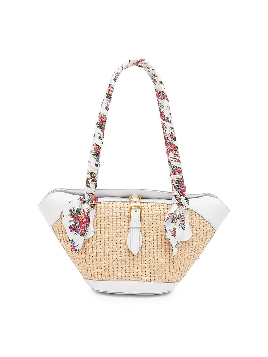 Women's Floral & Contrast-Trimmed Woven Raffia Shoulder Bag - Crema Bianco