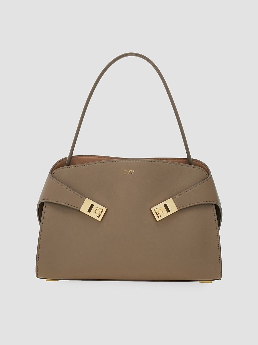 Women's Hug Medium Gancini Leather Shoulder Bag - Warm Taupe