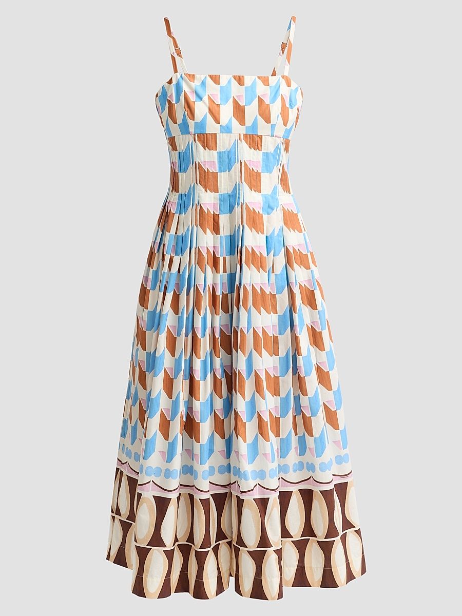 Women's Sea Island Geometric Cotton Midi Dress - Talavera Tile Ivory - Size 14