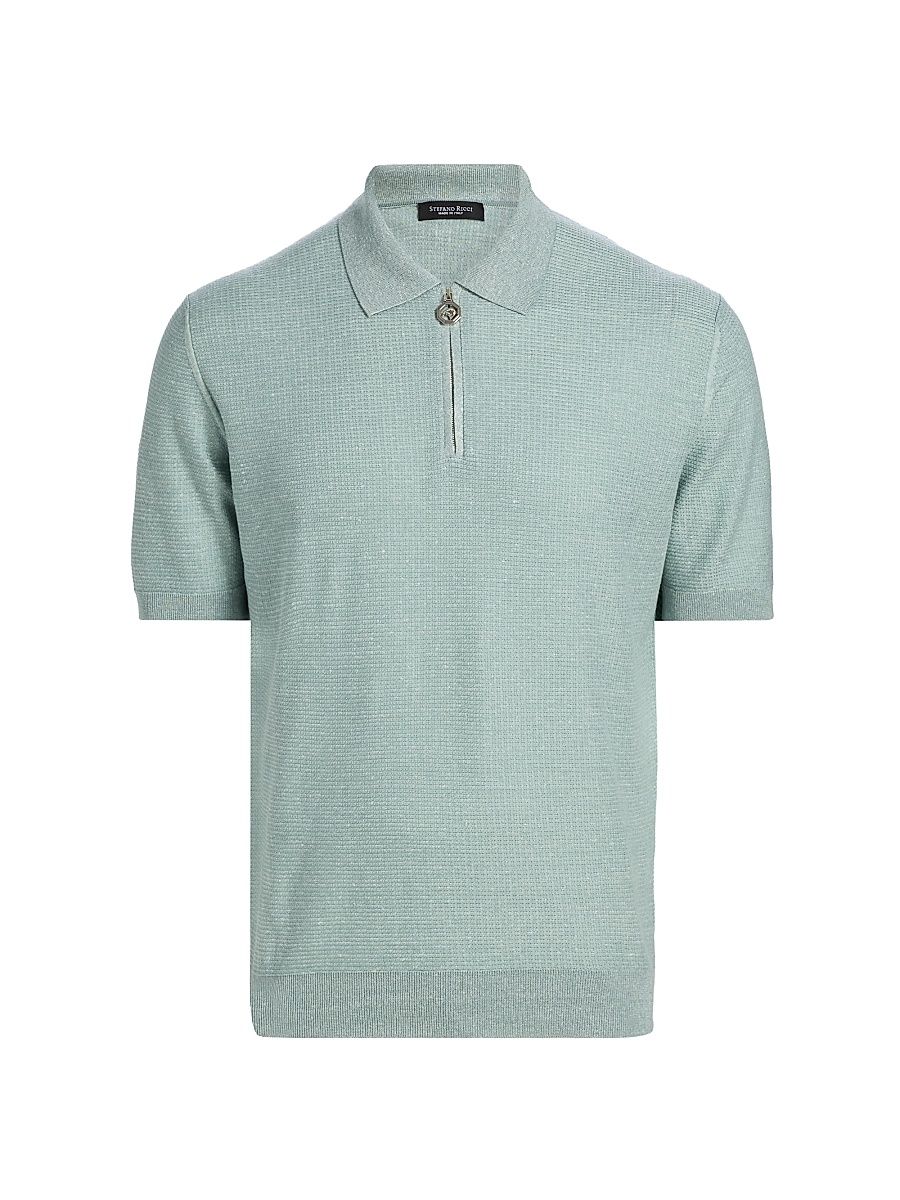 Men's Textured Linen-Silk Zip-Up Polo - Light Green - Size 46
